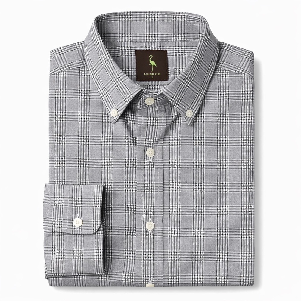 Tailorbyrd Men’s Medium Gray Plaid Button-Down Shirt Flamingo Logo